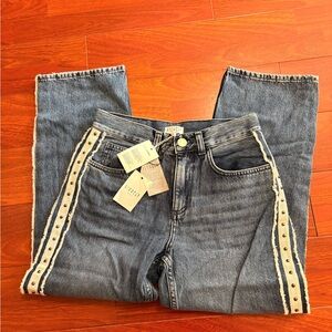 Women's Blue Straight-Leg Jeans with Cream Side Stripe and Stud Accents